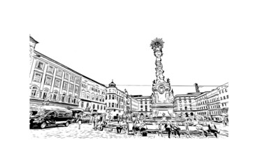Naklejka premium Building view with landmark of Linz is the city in Austria. Hand drawn sketch illustration in vector.