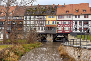 View of the historic city center of Erfurt with the famous Krämerbrücke, Thuringia, Germany - obrazy, fototapety, plakaty