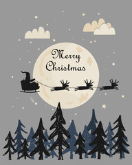 Santa and his deer herd flying through the night sky under the Christmas forest. Santa sleigh driving over wood near big moon in night, Xmas vector illustration