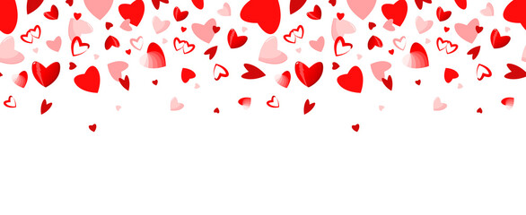 Seamless border with red and pink hearts on a white background.
