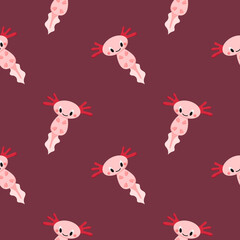 Vector pattern with cute pink axolotl, amphibian, marine animal, cartoon-style pattern on a dark pink background. Children's pattern for fabrics, pajamas, dresses, posters.