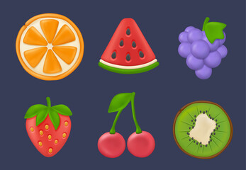 Plasticine fruits. Healthy stylized exotic fruits tropical plants orange cherry strawberry eating raspberries minimalistic forms decent vector colored illustrations