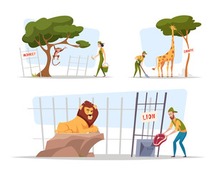 Zoo stuff. People working in zoo animals care and feeds monkey bear giraffe lion exact vector cartoon illustrations set