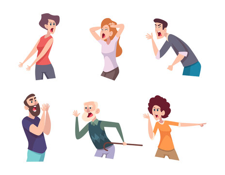 Shouting characters. Angry people agressive expressive dialogue cheer conversation conflict talking persons negative crowd exact vector cartoon illustrations