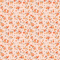 Vintage floral background. Floral pattern with small coral orange flowers on a salmon background. Seamless pattern for design and fashion prints. Ditsy style. Stock vector illustration.