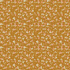 Beautiful floral pattern in small abstract flowers. Small pink and white flowers. Mustard background. Ditsy print. Floral seamless background. The elegant the template for fashion prints. Stock.