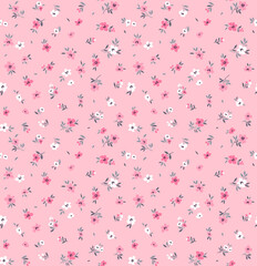 Vintage seamless floral pattern. Ditsy style background of small pastel color flowers. Small blooming flowers scattered over a pink background. Stock vector for printing on surfaces and web design.