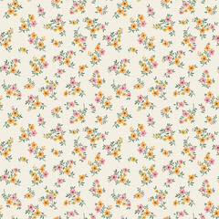 Vector seamless pattern. Pretty pattern in small flowers. Small yellow and pink flowers. Ivory background. Ditsy floral background. The elegant the template for fashion prints. Stock.