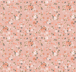 Spring flowers print. Vector seamless floral pattern. Floral design for fashion prints. Endless print made of small white and coral orange flowers. Elegant template. Salmon background. Stock vector. - obrazy, fototapety, plakaty