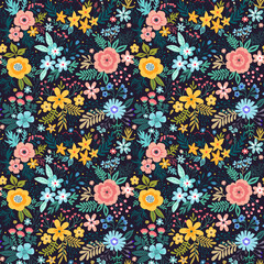 Beautiful floral pattern in abstract flowers. Small multicolor flowers. Black background. Trendy print. Floral seamless background. The elegant the template for fashion prints. Stock pattern. - obrazy, fototapety, plakaty