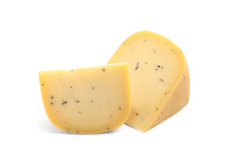 Pieces of delicious truffle cheese on white background