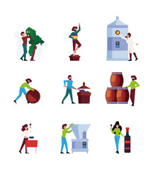 Industrial winery. Wine production stages harvesting grapes and making alcoholic drinks organic food garish vector colored pictures in flat style