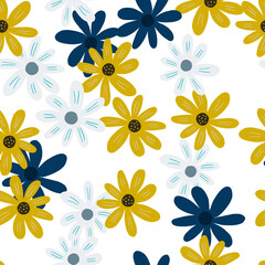 Abstract ditsy flowers seamless pattern isolated on white background. Creative botanical backdrop. Simple chamomile print.