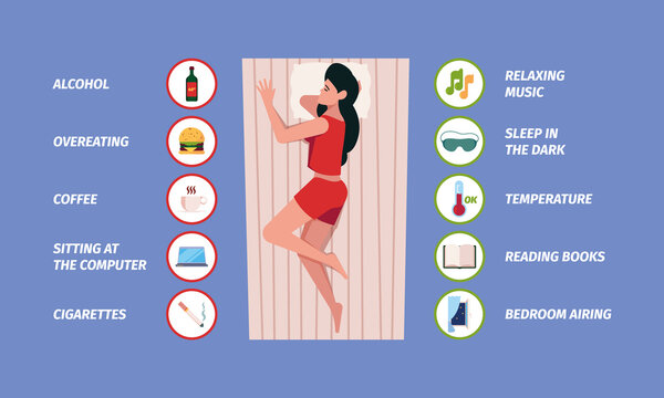 Healthy sleep tips. Relax nutritions and treatments for stressed peoples rules for night sleep garish vector flat illustrations