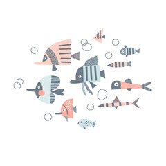 School of fish with water bubbles vector illustration isolated on white. Childish soft pastel colours ocean dwellers pre-made poster for coastal nursery. Marine life tee print design for kids apparel.