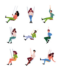 Fototapeta na wymiar Swing happy persons. Peoples riding on swings outdoor free lifestyle concepts boys girls adventure garish vector flat pictures set