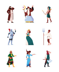 Medieval characters. Kingdom fantasy princesses archers knights royal carnival european costumes historical people garish vector flat templates set