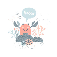 Greeting Crab on Seabed Coral reef vector illustration isolated on white. Hello phrase. Childish pastel colours pre-made poster for coastal nursery. Crustacean tee print design for kids apparel.