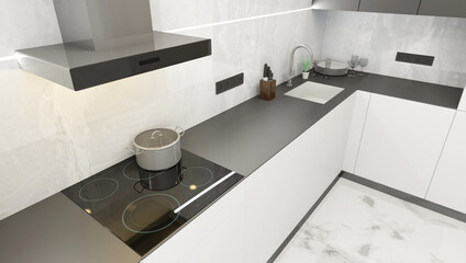 Fototapeta na wymiar Modern Style Kitchen Interior in white and wooden colors