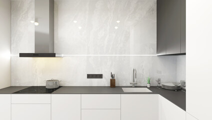 Modern Style Kitchen Interior in white and wooden colors