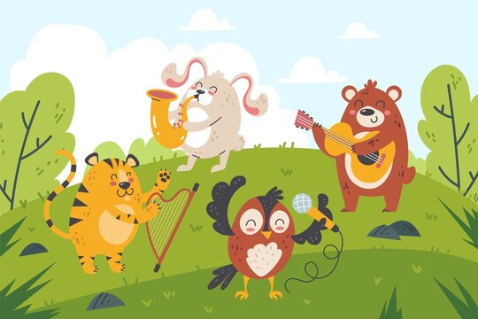 Animals musicians in forest. Funny cartoon characters play orchestra in green clearing, kids entertainment, wildlife concert, woodland creatures performance, vector isolated concept