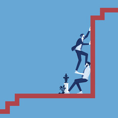 businessman coworker support his colleague reaching to climb on top of stairs, teamwork and partnership, promotion vector concept