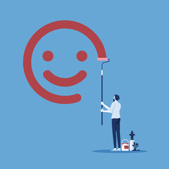 Positive thinking and motivation concept, businessman paint ing smile face on wall with roller vector illustration