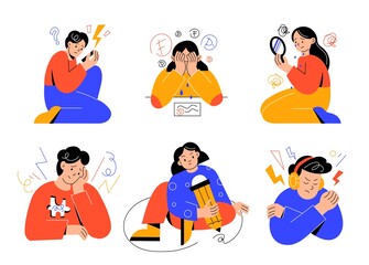 Teens problems. Teenage behavior, unhappy worried girls and boys, tense young people, negative sad emotions, mental distress, people feel depression, vector cartoon flat isolated set