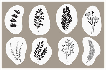 Set of creative minimalist hand-drawing illustrations with decorative branches, leaves, and abstract spots. For postcard, poster, poster, brochure, cover design. Vector illustration