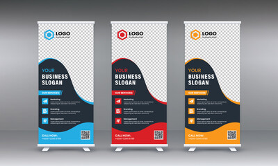Corporate rollup banner template, rollup, advertisement, pull up, polygon background, vector illustration, business flyer, display, x-banner and flag-banner with blue, red, yellow color