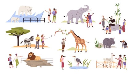Zoo visitors. Wild exotic animals in aviaries, behind fences, people watching. Happy men, women and children walking together, educational family weekend, vector cartoon flat isolated set