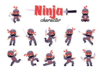Cartoon ninja character. Japanese warrior in dark suit and mask, different karate poses, fighting swords, shurikens and daggers, asian samurai attacking and moving vector set © YummyBuum
