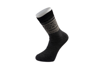 Clothes made of socks, knitwear. Many colorful socks in the form of a panorama. Socks of different sizes for cold seasons. Clothing for autumn and winter. Knitted socks on a white background.