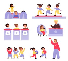 Kids tv show. Childish entertainment contests. Sports or intellectual, dance or interview with child, group quiz, talent competition, small stars, vector cartoon flat style isolated set