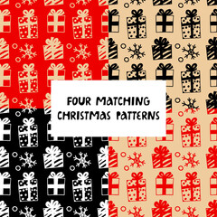 Set of four Christmas and New Year seamless pattern. Vector design for scrapbooking, textile, wallpaper, other surface. 