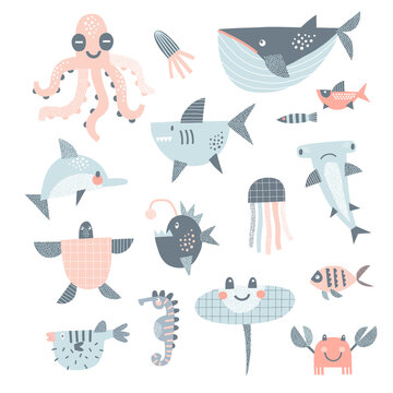 Octopus Shark Dolphin Whale Fish Stingray Seahorse vector clip-art set isolated on white. Childish cuts out sea creatures illustration collection. Underwater world design elements for kids tee print.