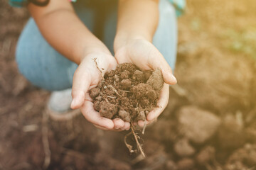 Close-up of a hand with fertile soil for planting. Concept of Earth Day, World Soil Day
