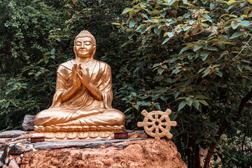 Złoty posąg Buddy na roślinnym tle.