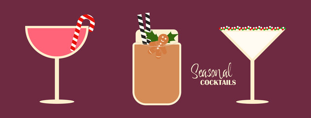 Set of winter seasonal drinks. Set of Christmas cocktails with decoration. Vector illustration.