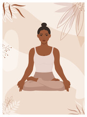 Obraz na płótnie Canvas African American woman sits in lotus pose with floral abstract background. Beautiful poster with yogini. Young black female in padmasana pose. Vector illustration.