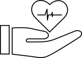 healthcare symbol; hands holding heart sign; line black icon on white background
