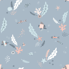 Pastel colours Fish Seaweed Coral Shell in the ocean vector seamless pattern. Whimsy underwater world background. Scandinavian decorative childish surface design for nautical nursery navy kids fabric.