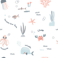Marine Animals Fish Jellyfish Seaweed Octopus Whale Crab vector seamless pattern. Under the sea text. Underwater world background. Scandinavian decorative childish print for nautical navy kids fabric. © AngellozOlga