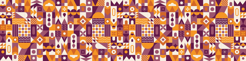 Geometric, abstract, colorful and urban pattern. Fun and dynamic banner for LinkedIn. Game or puzzle of pop shapes and graphics.