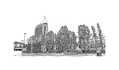 Building view with landmark of Lisbon is the 
capital of Portugal. Hand drawn sketch illustration in vector.