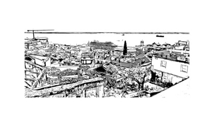 Building view with landmark of Lisbon is the 
capital of Portugal. Hand drawn sketch illustration in vector.