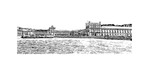 Building view with landmark of Lisbon is the 
capital of Portugal. Hand drawn sketch illustration in vector.