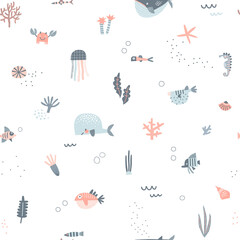 Pastel colours Under the sea life vector seamless pattern. Seahorse Whale Blowfish Jellyfish Seaweed Coral background. Scandinavian decorative childish design for nautical nursery navy kids fabric. © AngellozOlga