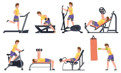 Man at gym. Jock guy engaged sports simulators. Isolated sportsman doing bodybuilding and fitness exercises. Healthy lifestyle. Muscle training. Vector male character activities set