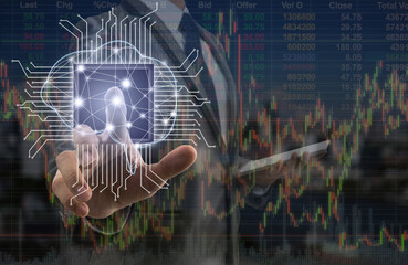 Double exposure of Businessman pointing the Artificial intelligence of brain technology over Stock market exchange information on cityscape background, AI and technology business trading concept